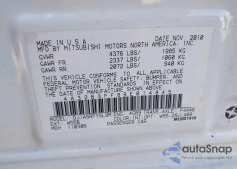 2011 Mitsubishi Galant Es/Se z USA, uszkodzony, nr VIN 4A32B3FF8BE014845